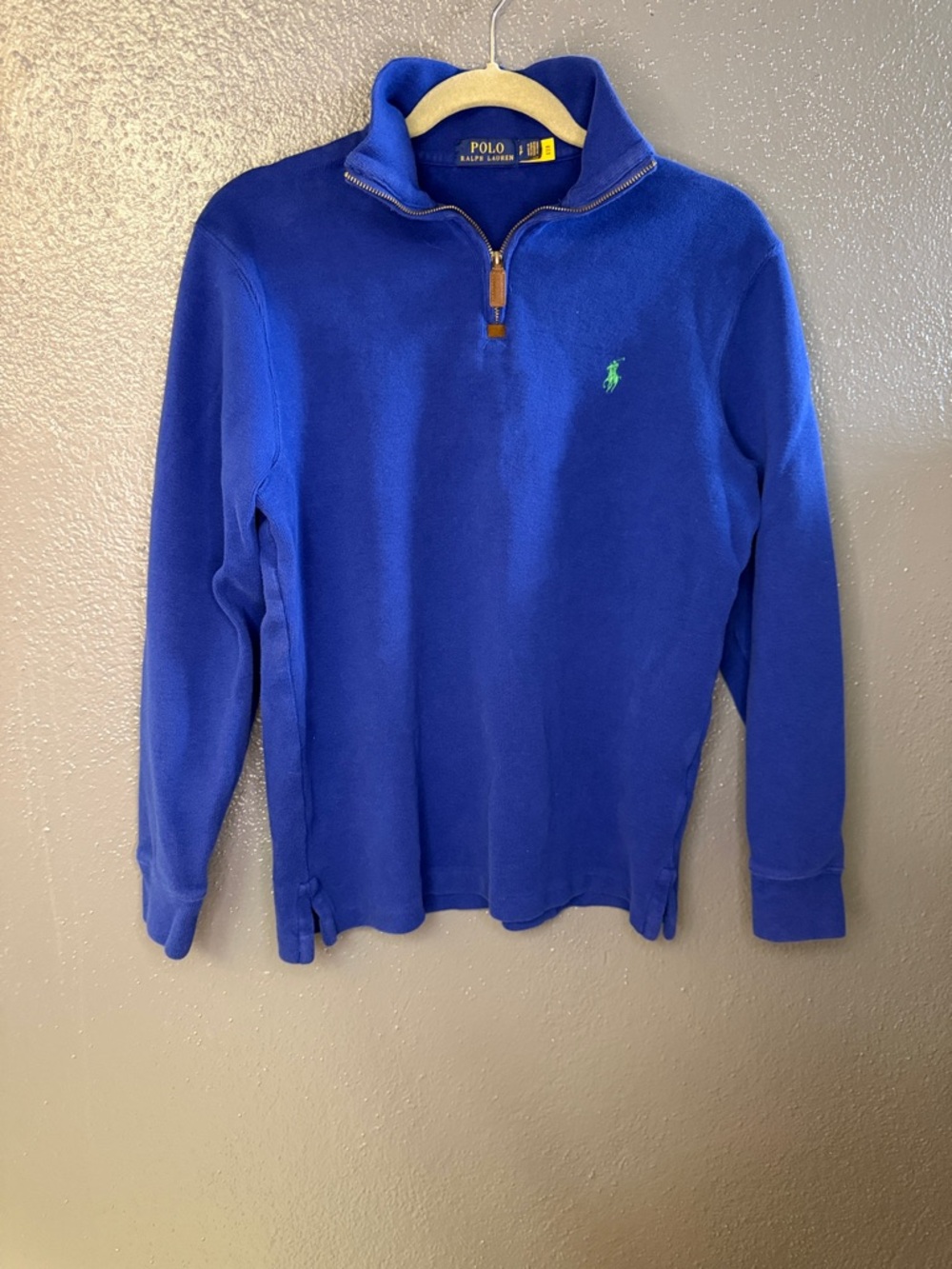 Ralph Lauren Men's Royal Blue Quarter-Zip Sweater with Green Pony